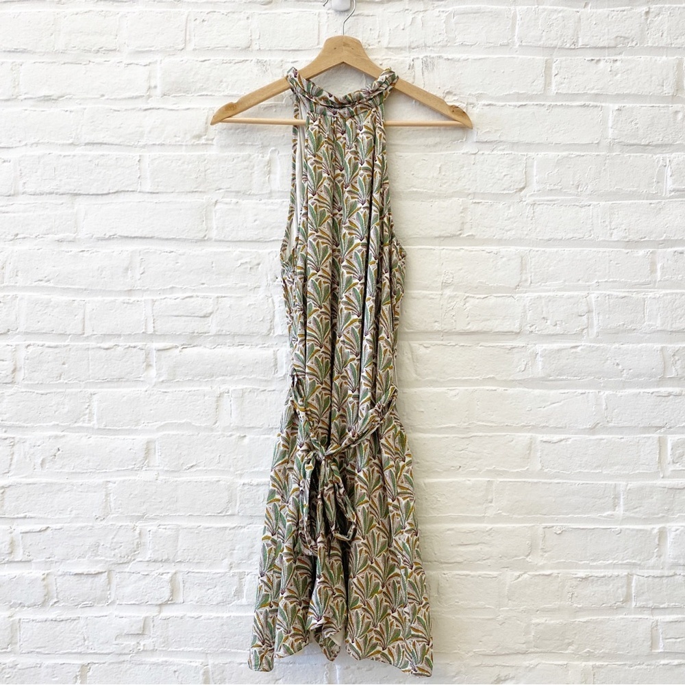 Anthropologie || Maddie High Neck Halter Romper Belted Leaf Print Green‎ Medium